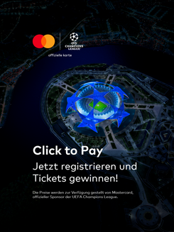 Mastercard Click to Pay Aktion zur UEFA Champions League mit Smartphone, Stadionmotiv und Ticket-Gewinnspiel.